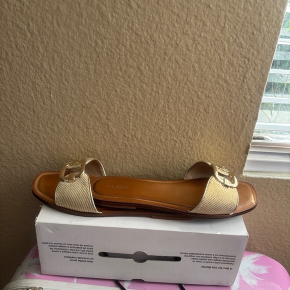 Aldo Metallic Gold And Tan Slide Sandals - Picture 1 of 4